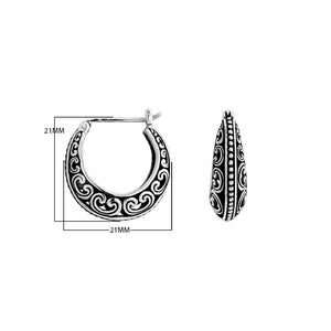 Wholesale Sterling Silver patterned hoop earrings with oxidized swirl and beaded detailing.