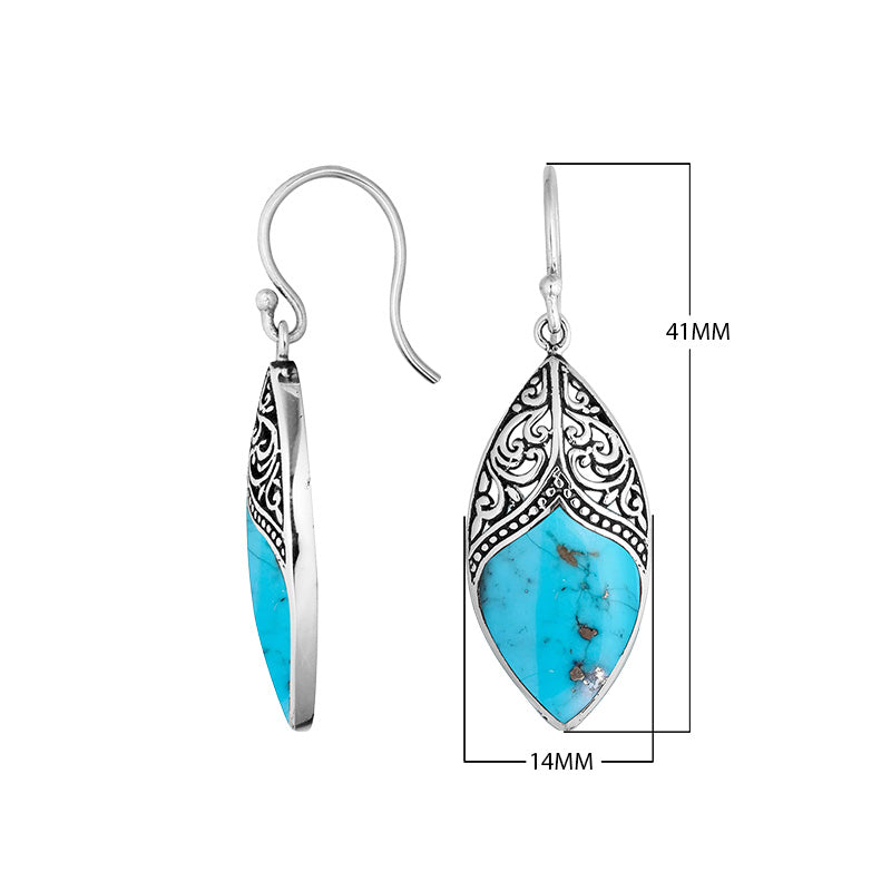 Wholesale sterling silver marquise earrings featuring Turquoise Shell with ornate decorative detailing.