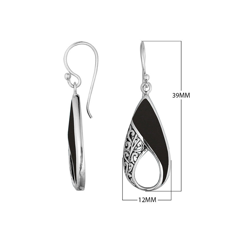 Wholesale Sterling Silver Black Shell pear earrings with openwork filigree detailing, earwire lock, and high-polish finish handcrafted in Bali.