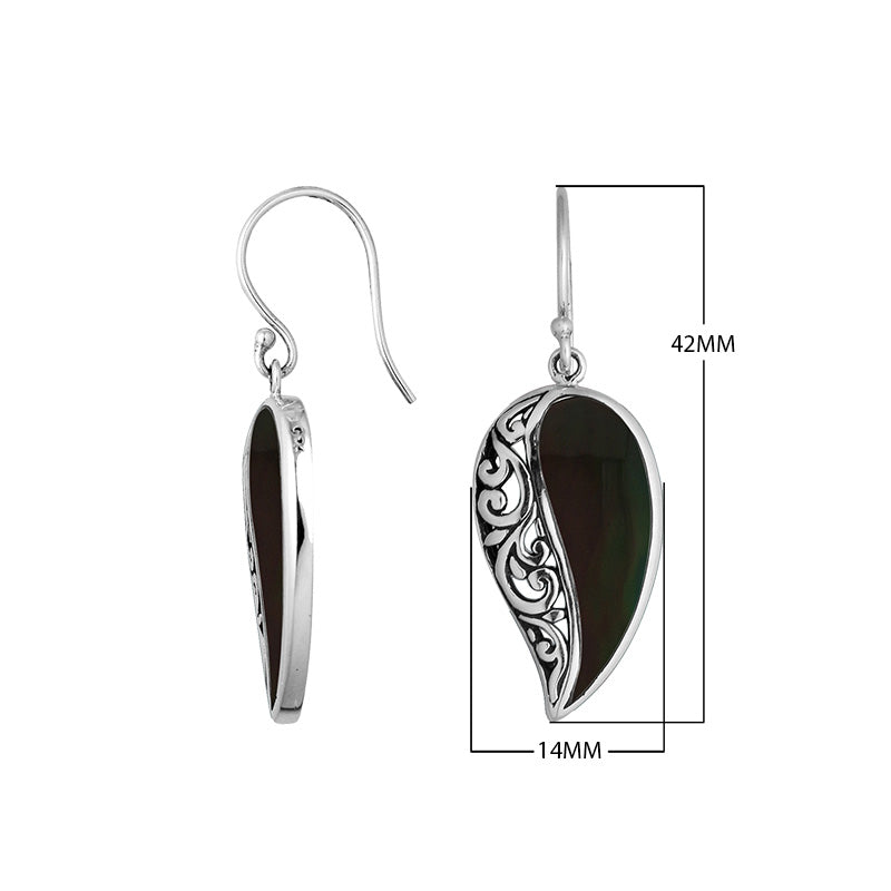 Wholesale Sterling Silver Black Shell leaf earrings with openwork filigree pattern and earwire lock handcrafted in Bali.