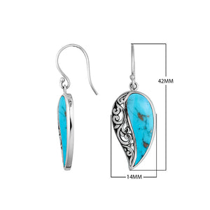 Wholesale Sterling Silver Turquoise Shell leaf earrings with precision filigree pattern and earwire lock handcrafted in Bali.