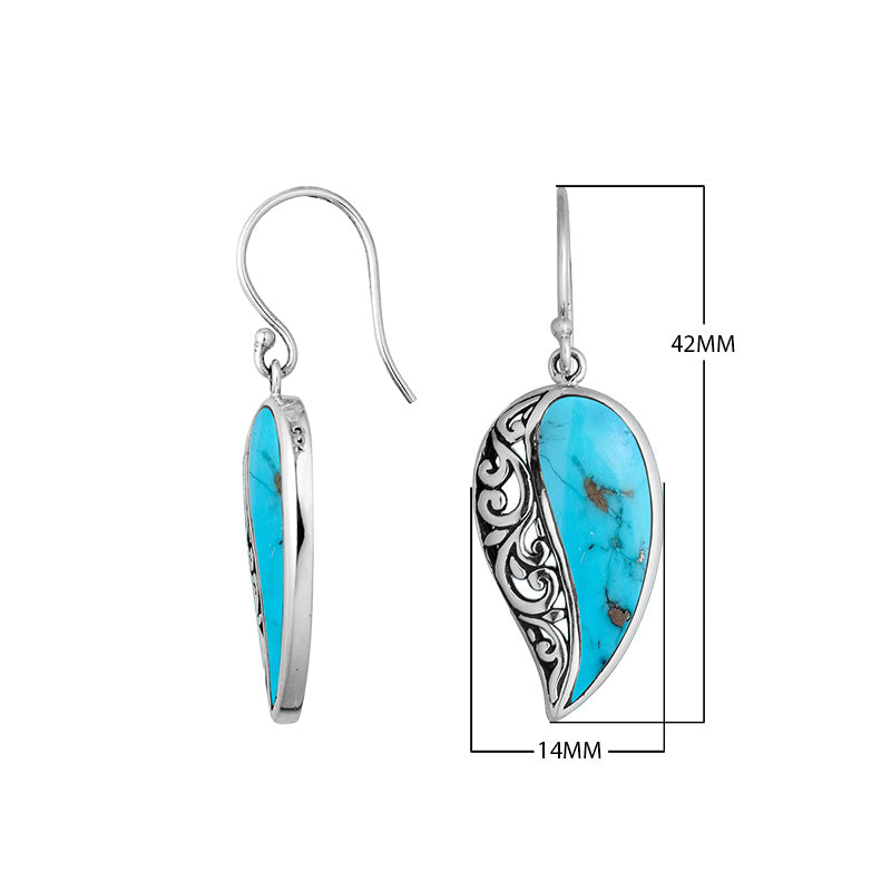 Wholesale Sterling Silver Turquoise Shell leaf earrings with precision filigree pattern and earwire lock handcrafted in Bali.