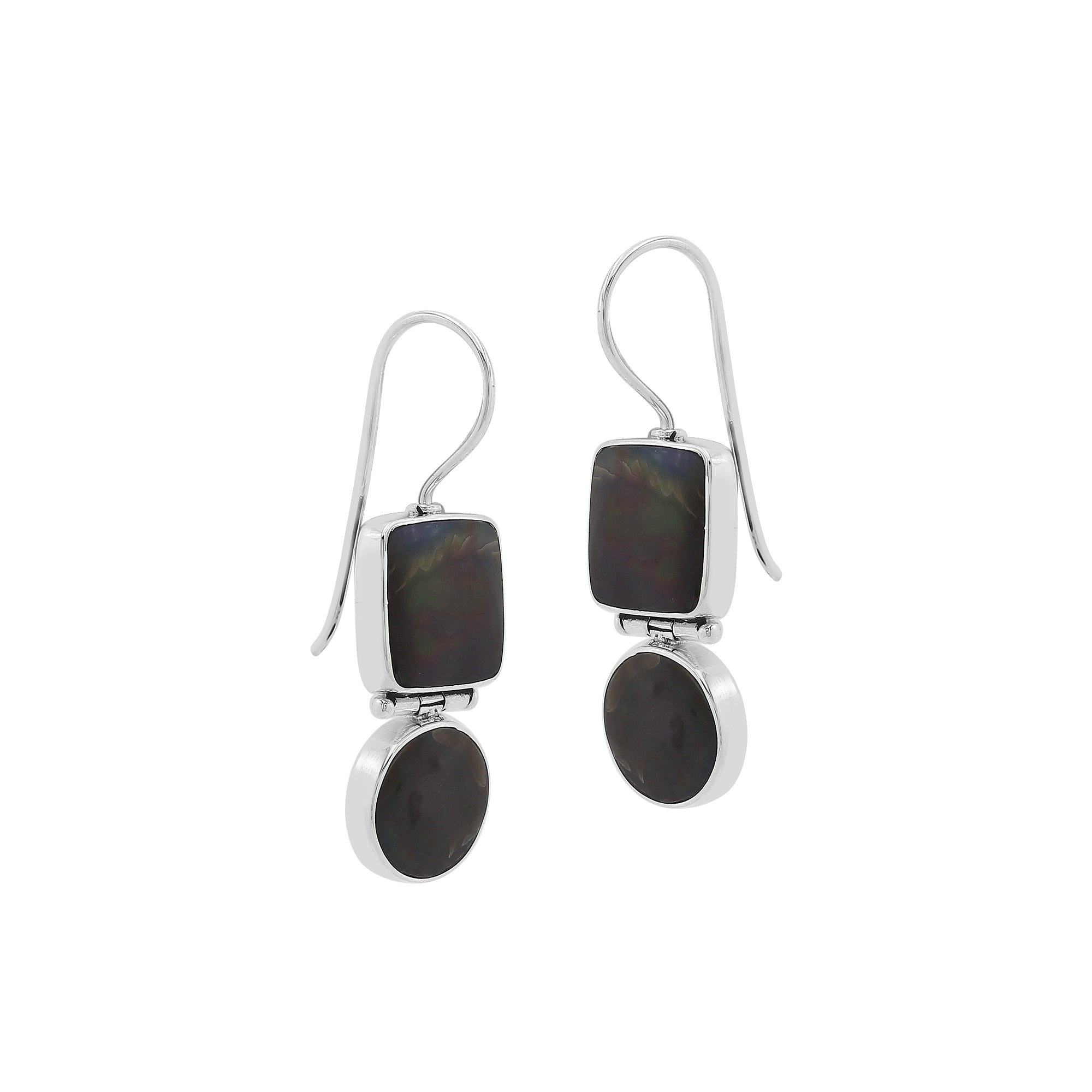 Wholesale Sterling Silver Black Shell hinged earrings with dual-shape design and earwire lock handcrafted in Bali.