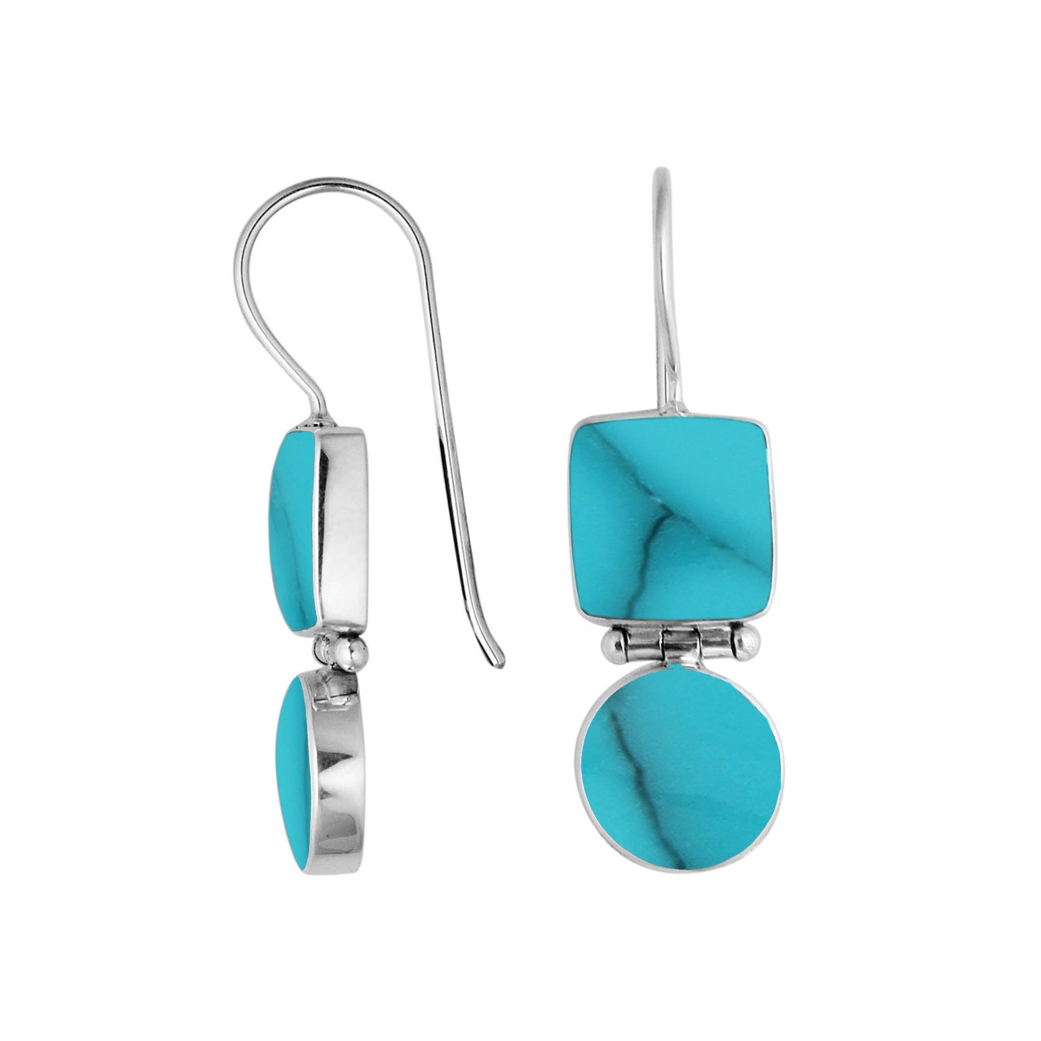Wholesale Sterling Silver Turquoise Shell hinged earrings with dual-shape design and earwire lock handcrafted in Bali.