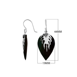 Wholesale silver leaf earrings with deep Black Shell and polished textured detailing.