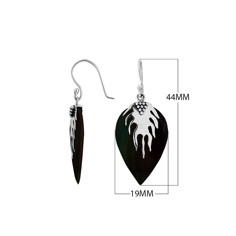 Wholesale silver leaf earrings with deep Black Shell and polished textured detailing.