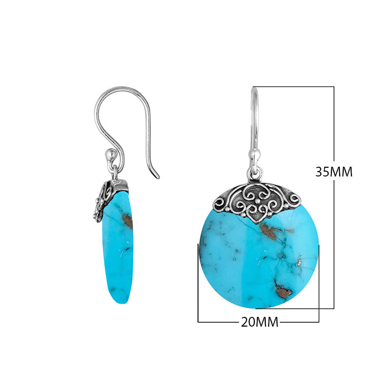 Wholesale sterling silver round earrings with bright Turquoise Shell and decorative scrollwork detailing.