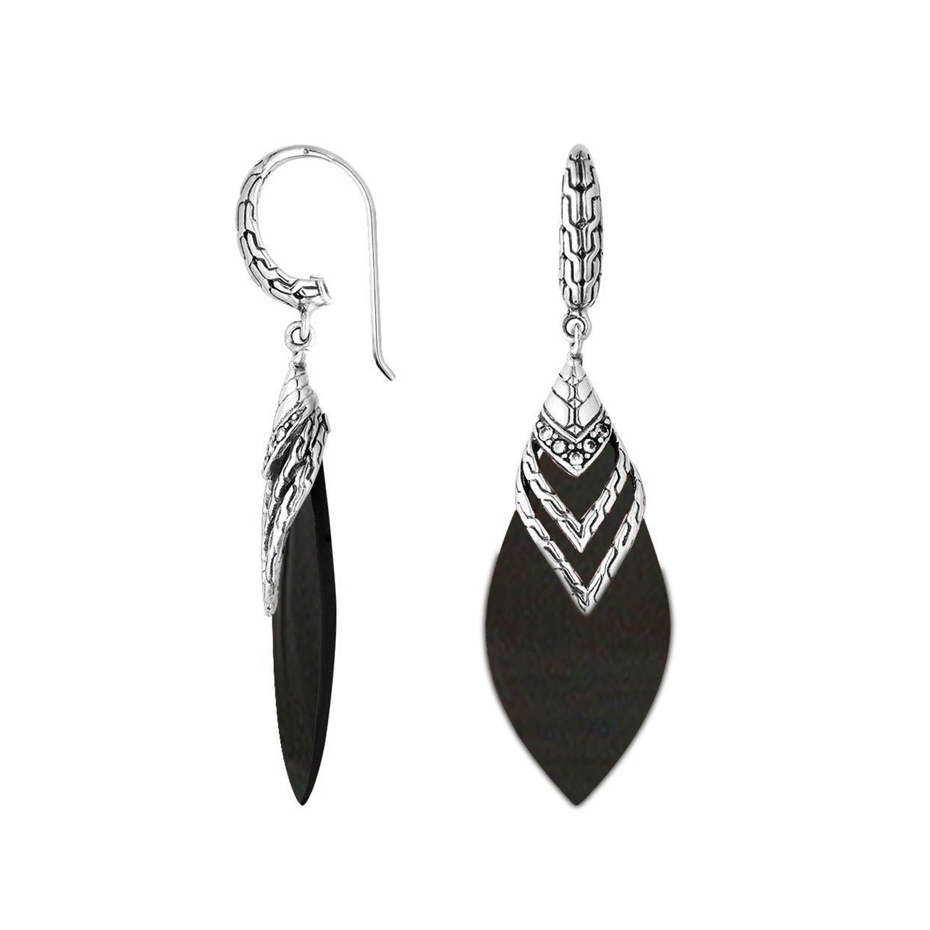 Wholesale sterling silver layered leaf earrings featuring Black Shell and Cubic Zirconia with textured polished detailing.