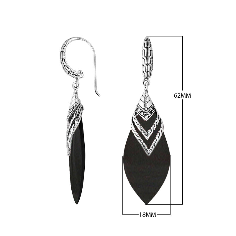 Wholesale sterling silver layered leaf earrings featuring Black Shell and Cubic Zirconia with textured polished detailing.
