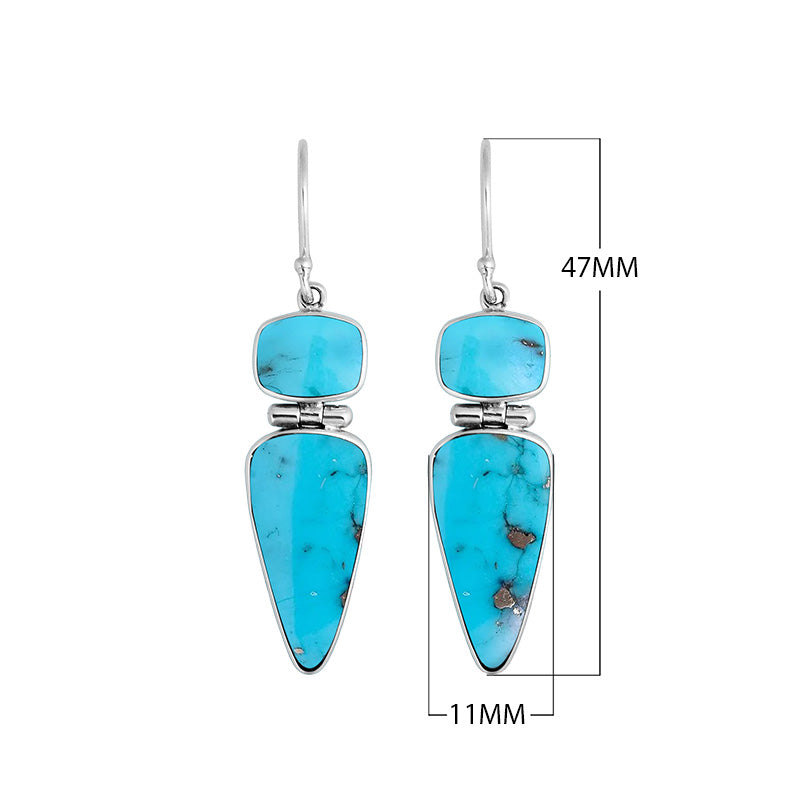 Sterling silver long drop earrings with vibrant Turquoise Shell dual-shape elements for wholesale collections