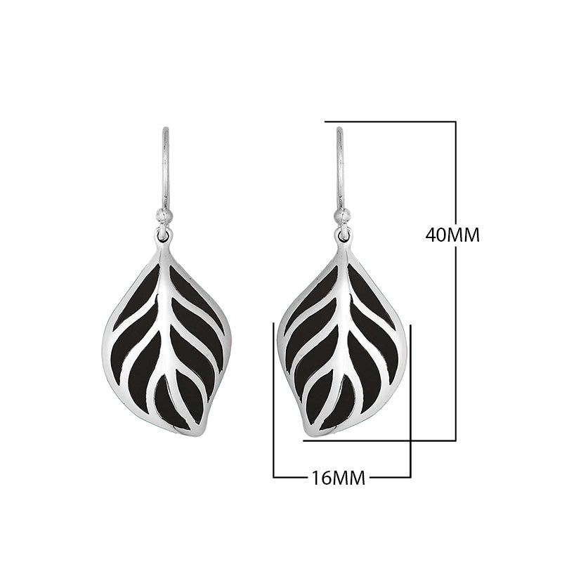 Sterling Silver Black Shell leaf drop earrings with Earwire and open silver design for wholesale jewelry collections.