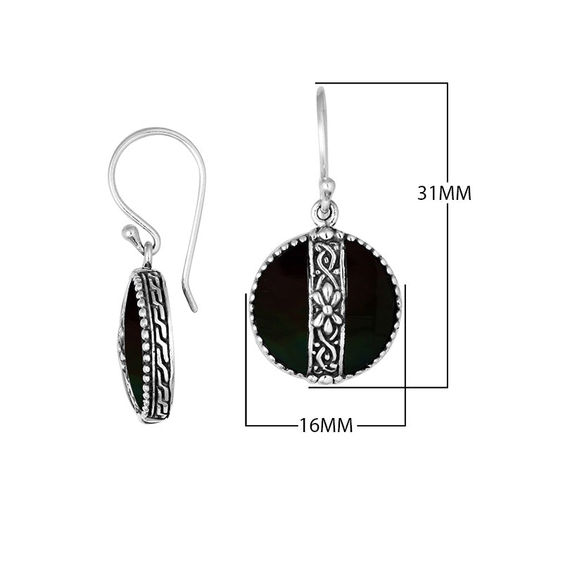 Sterling silver Black Shell earrings with round design and floral silver center strip for wholesale collection.