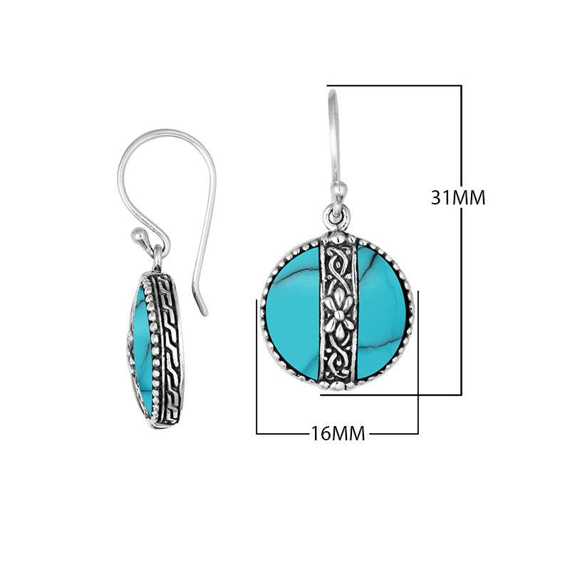 Sterling silver Turquoise Shell earrings with round design and floral silver center strip for wholesale collection.
