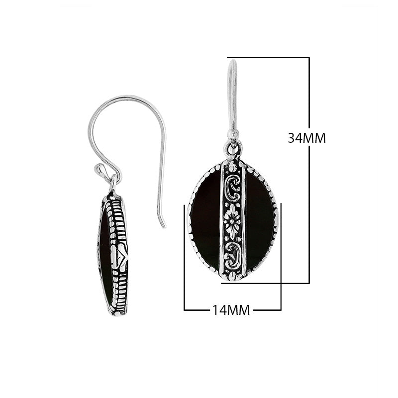 Sterling silver Black Shell oval earrings with floral silver center band for wholesale jewelry collection.