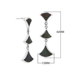 Sterling silver Black Shell three-section fan drop earrings with post clip lock for wholesale jewelry collections.