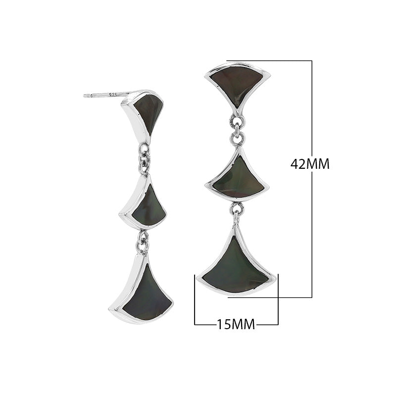 Sterling silver Black Shell three-section fan drop earrings with post clip lock for wholesale jewelry collections.