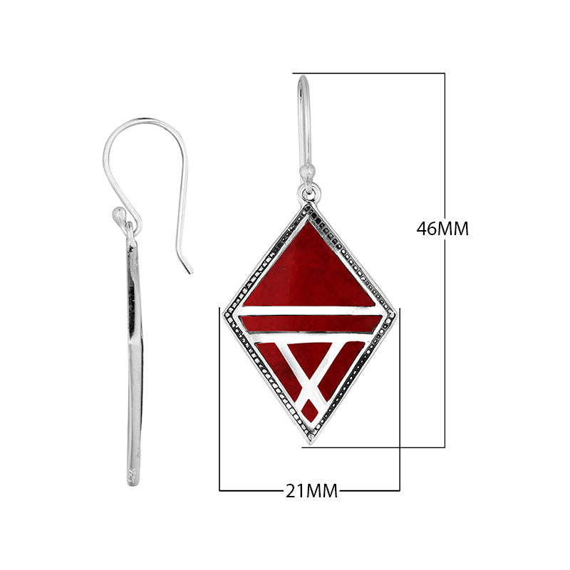 Sterling Silver Red Coral Geometric Diamond Openwork Panel Earrings