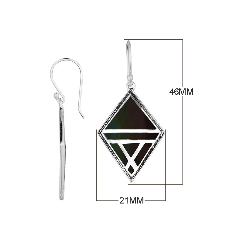 Sterling Silver Black Shell Geometric Diamond Openwork Drop Earrings