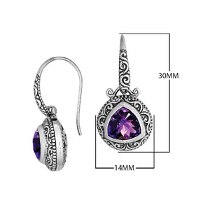Sterling Silver Bali Earrings With Faceted Amethyst Quartz Triangle And Oxidized Engraved Detailing For Wholesale Collections
