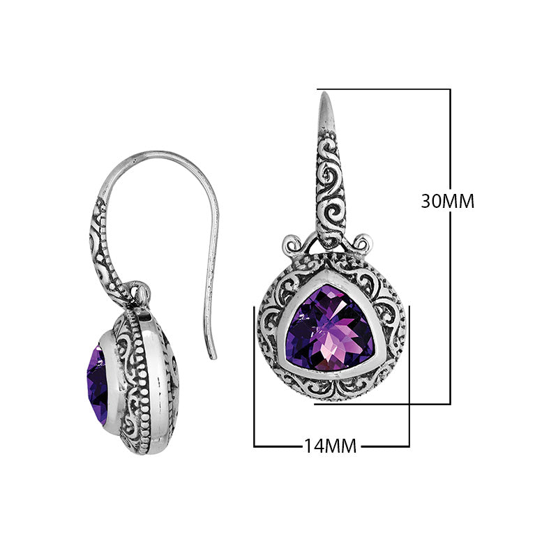 Sterling Silver Bali Earrings With Faceted Amethyst Quartz Triangle And Oxidized Engraved Detailing For Wholesale Collections