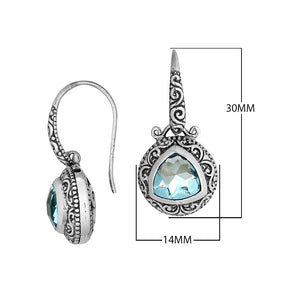 Sterling Silver Bali Earrings Featuring Faceted Blue Topaz Quartz Triangle With Oxidized Engraved Patterns For Wholesale Jewelry Buyers