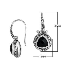 Sterling Silver Bali Engraved Earrings With Faceted Black Onyx Triangle And Oxidized Details For Wholesale Jewelry Buyers