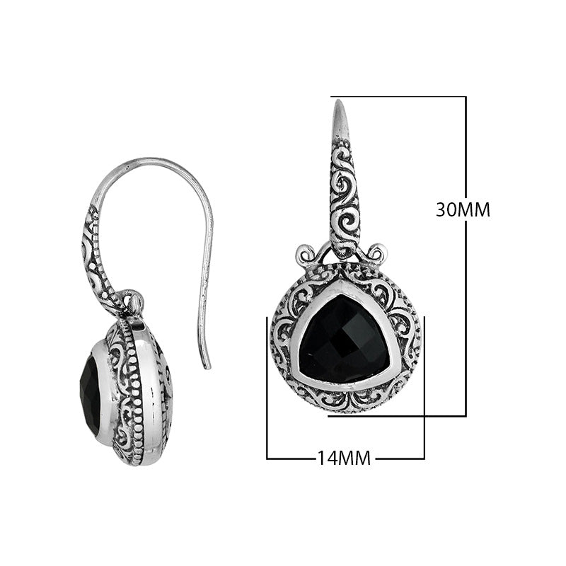Sterling Silver Bali Engraved Earrings With Faceted Black Onyx Triangle And Oxidized Details For Wholesale Jewelry Buyers
