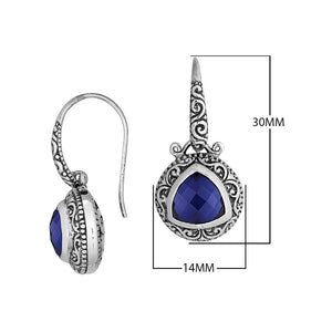Wholesale sterling silver sapphire drop earrings with detailed Balinese scroll motifs.