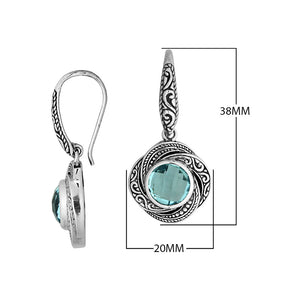 Wholesale sterling silver Blue Topaz Quartz swirl-pattern Balinese drop earrings.