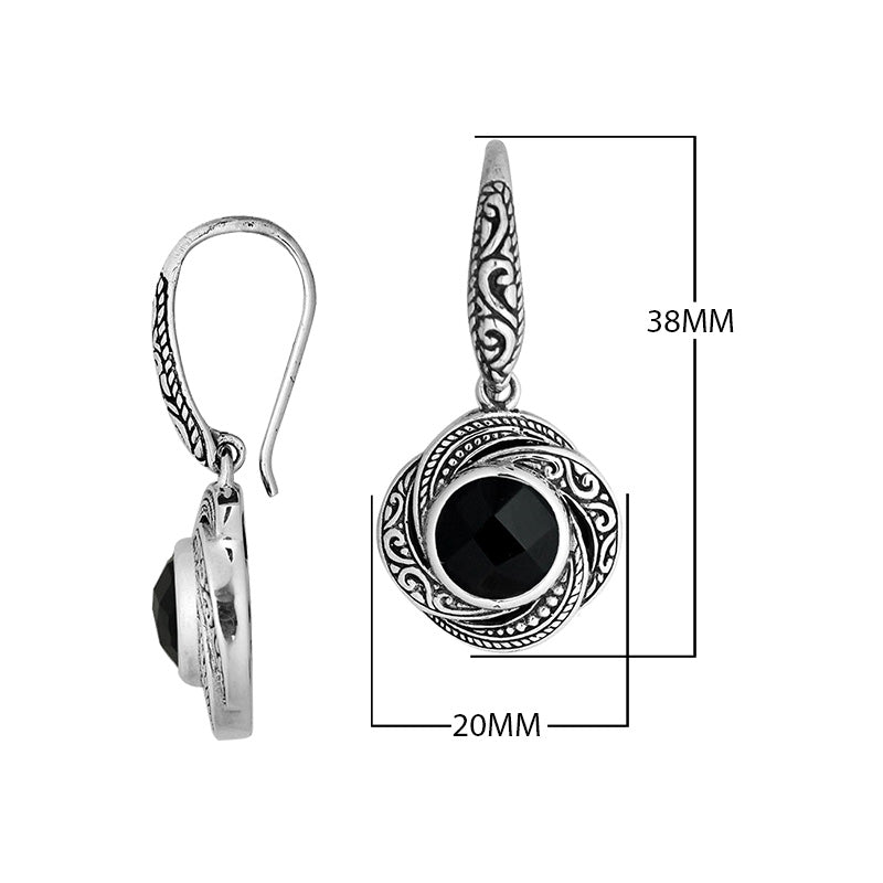 Wholesale sterling silver Black Onyx swirl-pattern Balinese drop earrings.