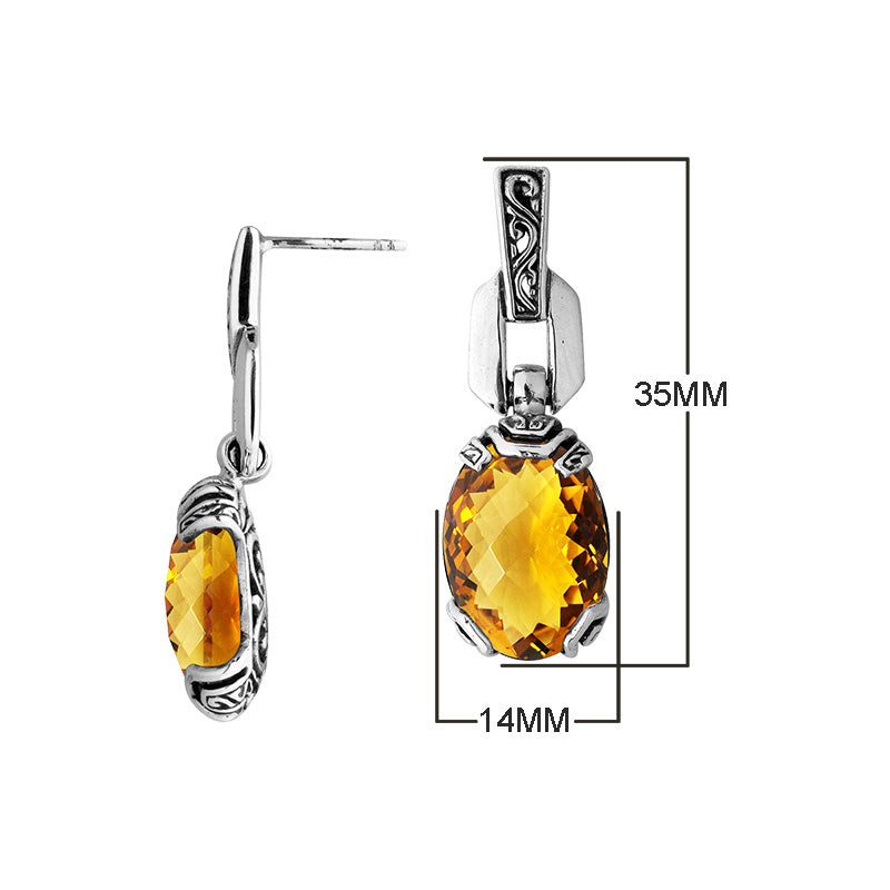 Wholesale Sterling Silver Citrine Quartz Oval Dangle Earrings With Balinese Engraved Accents