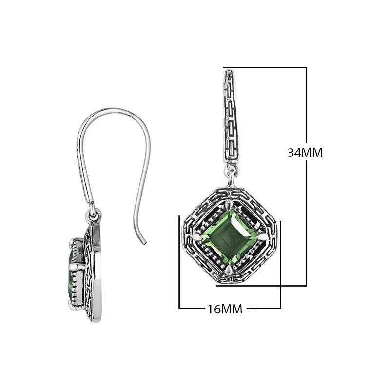 Wholesale Sterling Silver Green Amethyst Quartz Square Frame Dangle Earrings With Bali Pattern