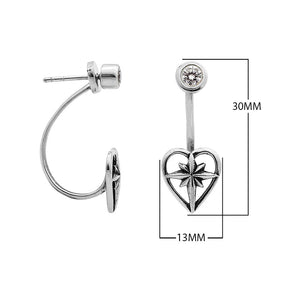 Wholesale Sterling Silver Heart Starburst Jacket Earrings With Minimal Polished Stud Front