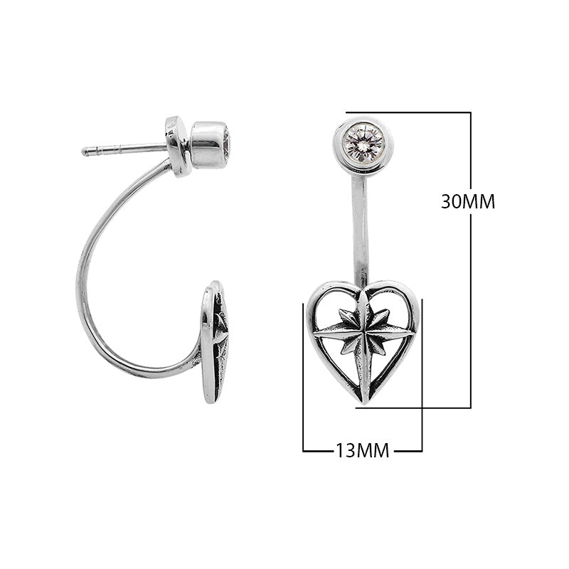 Wholesale Sterling Silver Heart Starburst Jacket Earrings With Minimal Polished Stud Front