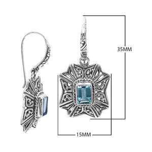 Wholesale Sterling Silver Starburst Filigree Blue Topaz Quartz Drop Earrings With Oxidized Finish And Balinese Craftsmanship