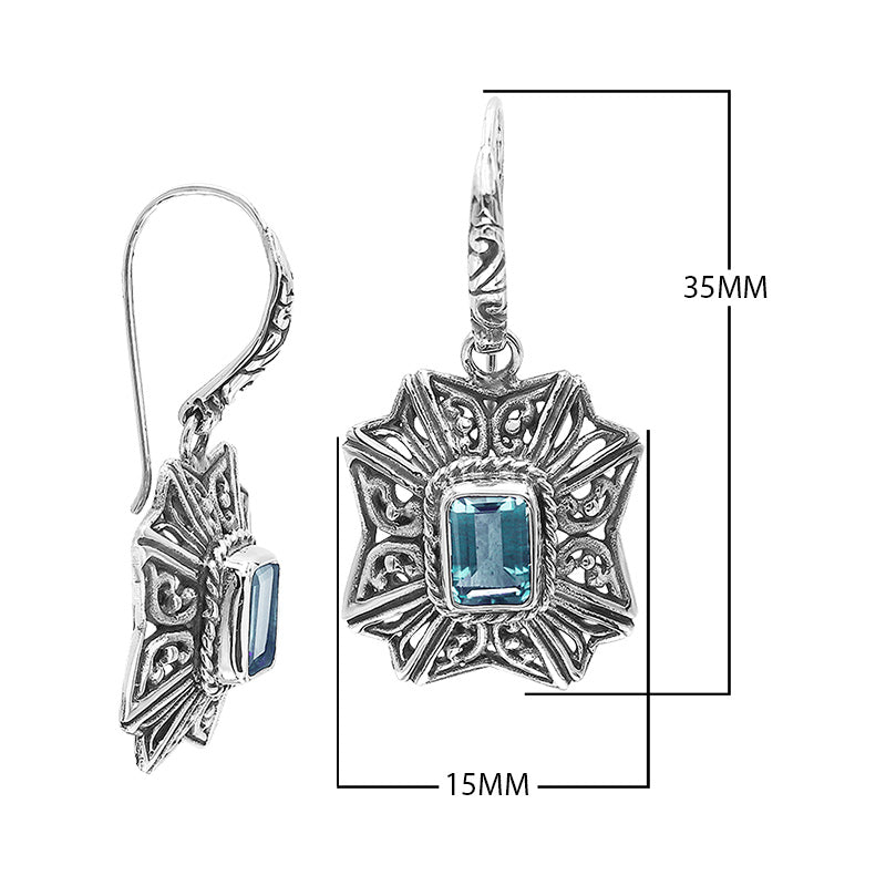 Wholesale Sterling Silver Starburst Filigree Blue Topaz Quartz Drop Earrings With Oxidized Finish And Balinese Craftsmanship