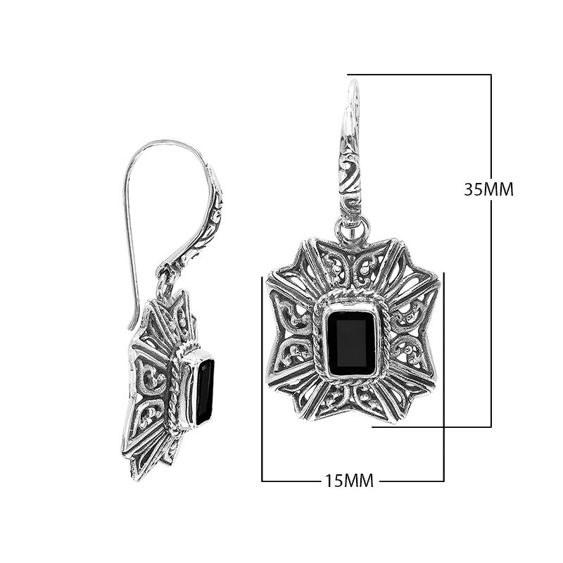 Wholesale Sterling Silver Starburst Filigree Black Onyx Drop Earrings With Oxidized Finish And Balinese Craftsmanship
