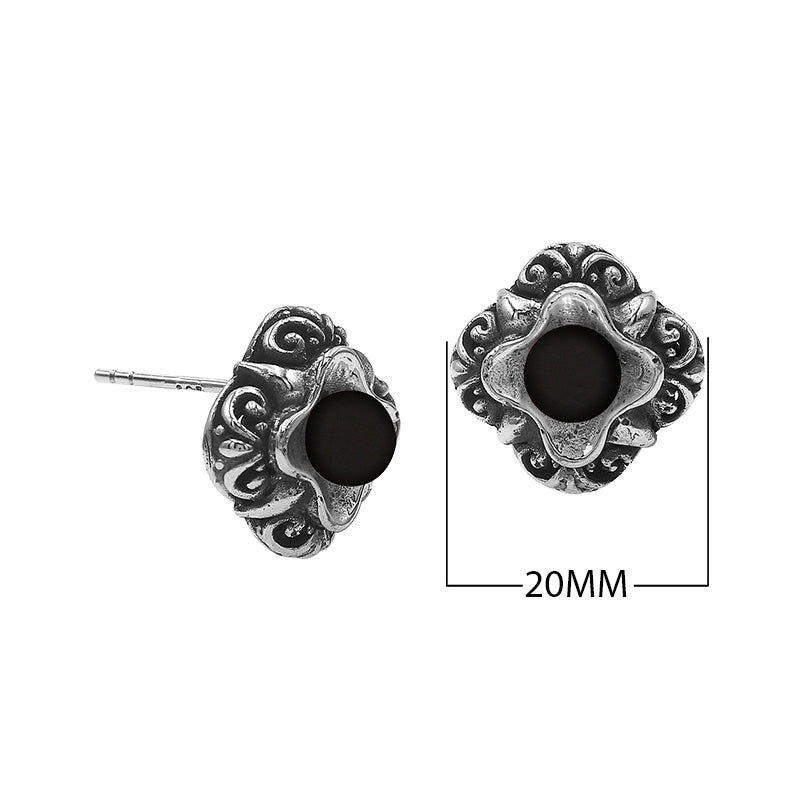 Wholesale Sterling Silver Vintage Floral Black Onyx Stud Earrings With Oxidized Bali Detailing
