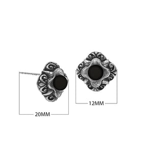 Wholesale Sterling Silver Vintage Floral Black Onyx Stud Earrings With Oxidized Bali Detailing
