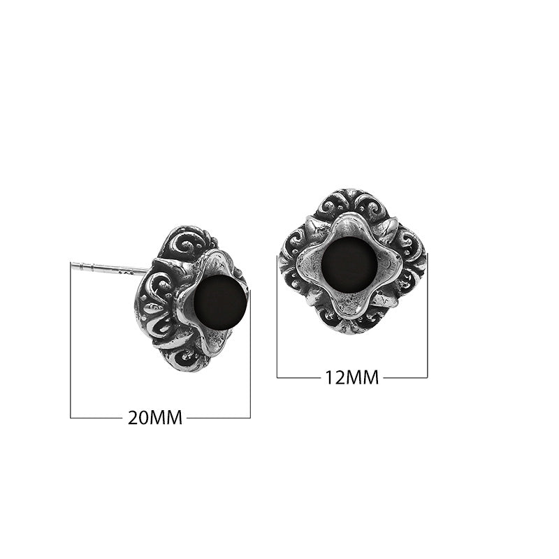 Wholesale Sterling Silver Vintage Floral Black Onyx Stud Earrings With Oxidized Bali Detailing