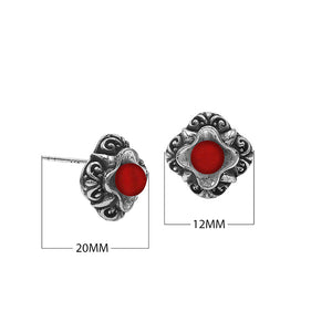 Wholesale Sterling Silver Vintage Floral Red Coral Stud Earrings With Oxidized Bali Detailing