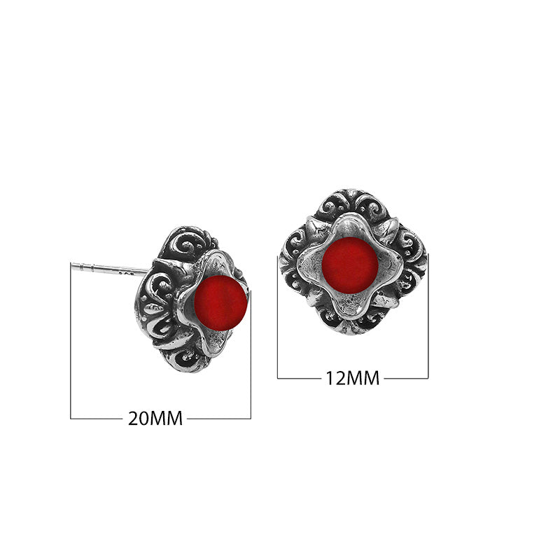 Wholesale Sterling Silver Vintage Floral Red Coral Stud Earrings With Oxidized Bali Detailing
