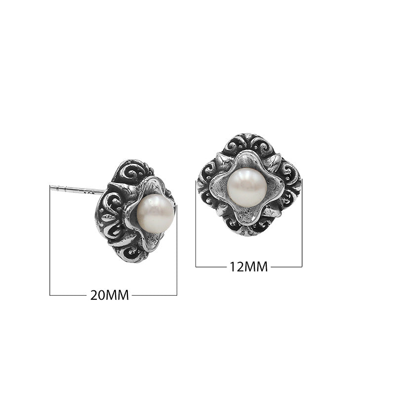 Wholesale Sterling Silver Vintage Floral Mabe Pearl Stud Earrings With Oxidized Bali Detailing