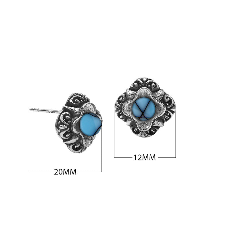 Wholesale Sterling Silver Vintage Floral Turquoise Shell Stud Earrings With Oxidized Bali Detailing