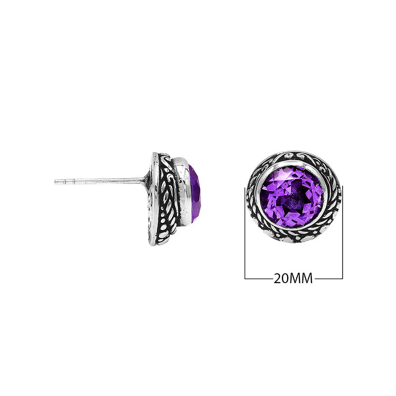 Wholesale Sterling Silver Round Amethyst Quartz Stud Earrings With Bali Rope Bezel Handcrafted In Bali