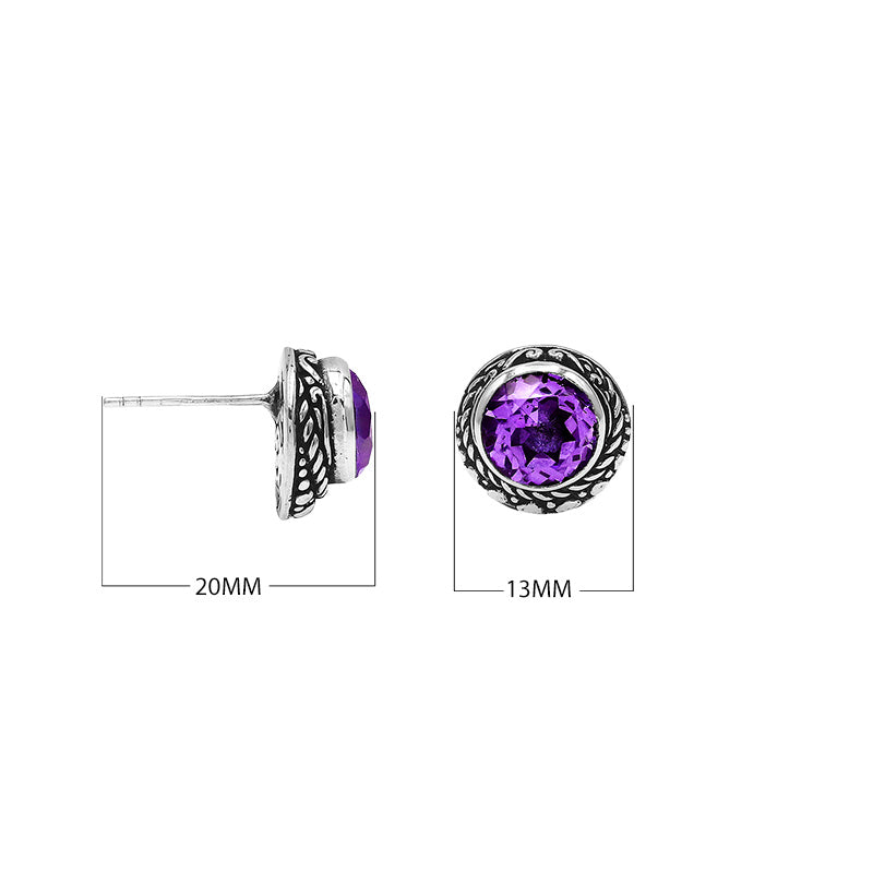 Wholesale Sterling Silver Round Amethyst Quartz Stud Earrings With Bali Rope Bezel Handcrafted In Bali