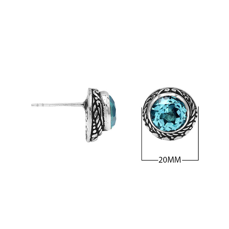 Wholesale Sterling Silver Round Blue Topaz Quartz Stud Earrings With Bali Rope Bezel Handcrafted In Bali
