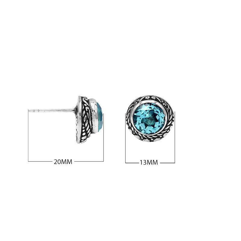 Wholesale Sterling Silver Round Blue Topaz Quartz Stud Earrings With Bali Rope Bezel Handcrafted In Bali