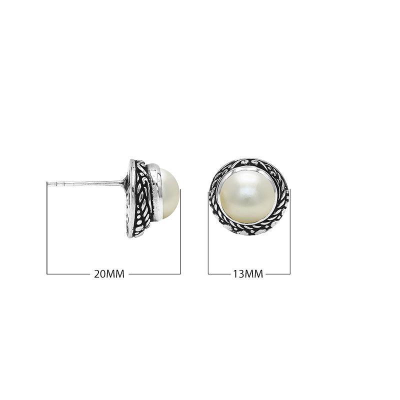 Wholesale Sterling Silver Round Mabe Pearl Stud Earrings With Bali Rope Bezel Handcrafted In Bali