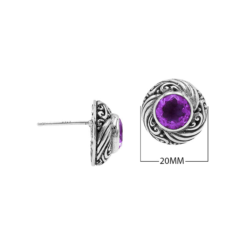Wholesale Sterling Silver Bali Swirl Amethyst Quartz Stud Earrings With Oxidized Detailing Handcrafted In Bali